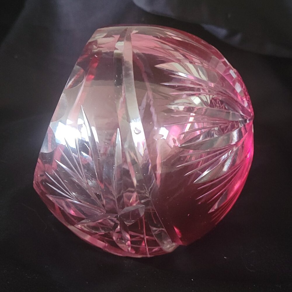 Mid-century pink magenta fuscia round ball orb Bohemian cut crystal ashtray